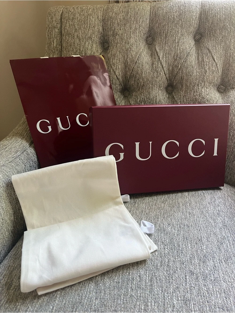 Gucci burgundy gift box, ribbon, bag and linen shoe cover set .